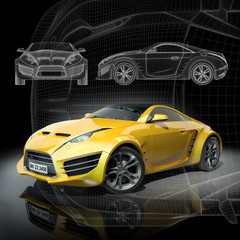 Naklejka premium Yellow sports car on a black background. Non-branded car design.