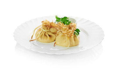 Fresh hot pancakes on a plate on a white background