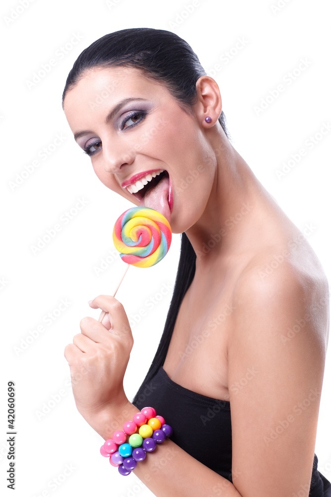 Sticker sexy woman licking lollipop smiling