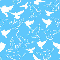 Fototapeta premium Vector seamless pattern of a flock flying pigeons.