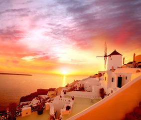 Santorini with old Windmill in Oia village, Greece