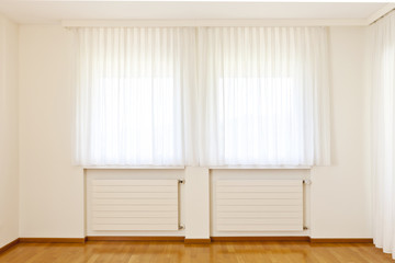 interior house, empty room, window with white curtains