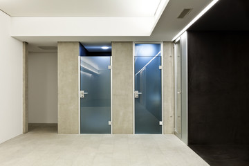 modern building interior, glass doors