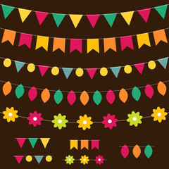 Bunting and garland set on dark background.