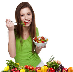 Woman with salad isolated on white