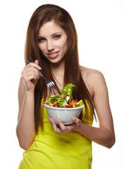 Woman with salad isolated on white