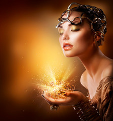 Fashion Girl Portrait. Golden Makeup