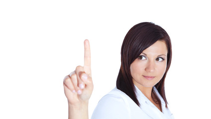 young woman touching virtual screen over white