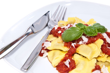 Plate with fresh Raviolis isolated on white
