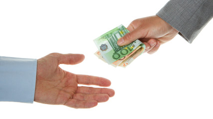 Woman giving 150 euro to a man (business)