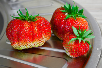 Washed fresh strawberries at the kitchen tap