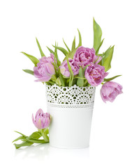 Pink tulips in metal flowerpot
