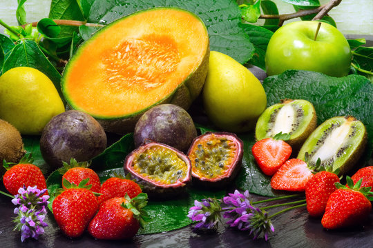 fresh  fruits selection over natural background