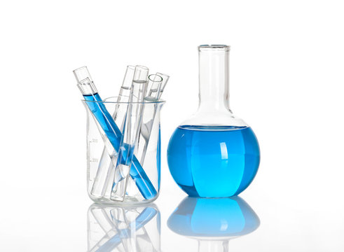 Chemical flask with a blue tubes inside