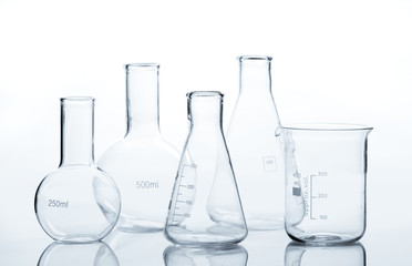 Five empty laboratory flacks