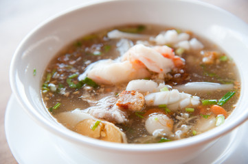 Seafood paste of rice flour (noodle) with egg, shrimp, squid