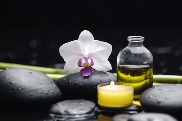 bottle of essential oil and green leaf with orchid
