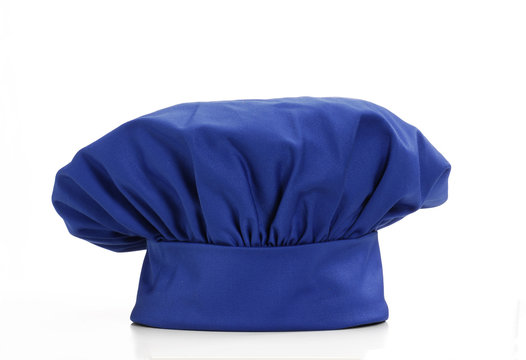 Sombrero de chef azul sobre fondo blanco.