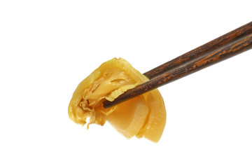 Pickled green mustard chopsticks on white background