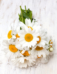 Obraz premium chamomile flowers on wooden table