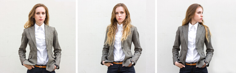 Triptych of portraits young sad woman