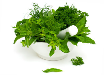 mortar with herbs
