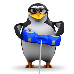 3d Penguin in glasses plays video games