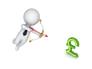 3d small person shooting at pound sterling sign.