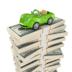 Small green car on a big pack of dollars.