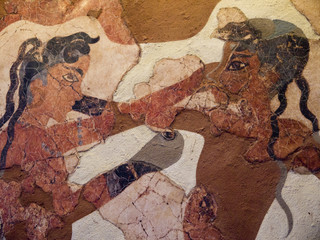 4000 years old Boxing Boys Fresco in Santorini Greece - obrazy, fototapety, plakaty