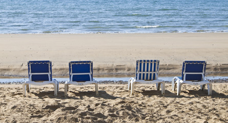 sunloungers lined up on the beach
