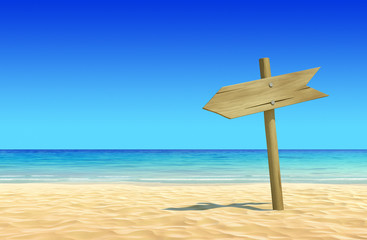Empty wooden signpost on idyllic tropical sand beach - Powered by Adobe