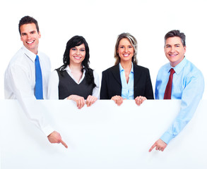 Group of business people with banner.