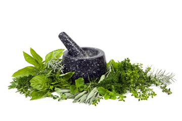 Mortar and Pestle with Fresh Herbs over White