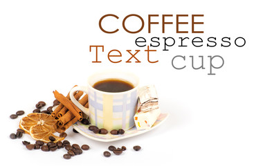 Cup of coffee with ingredients on a white background