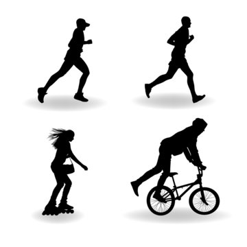 Silhouette of roller skating, runner, bicyclist