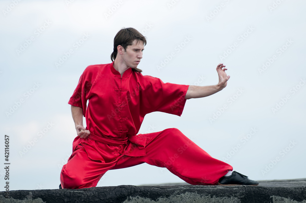 Wall mural Wushoo man in red practice martial art