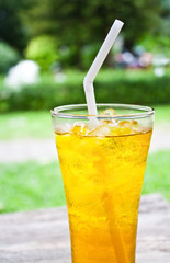 iced chrysanthemum tea (flower tea) on wooden table