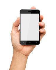 Hand holding smart phone with blank screen on white background