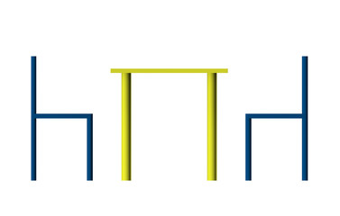 Ilustración de dos sillas azules y una mesa amarilla.