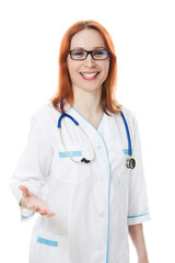 Portrait of female doctor offering handshake