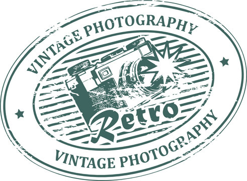 Stamp with old film camera and the word Vintage Photography