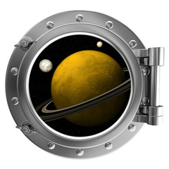 Illustration of a ship porthole with a view to space
