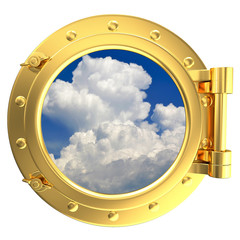 Illustration of a gold ship porthole with a view of the sky
