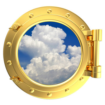 Illustration Of A Gold Ship Porthole With A View Of The Sky