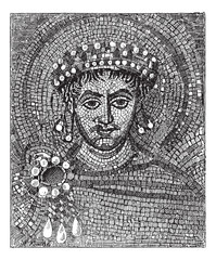 Justinian mosaic, vintage engraving.