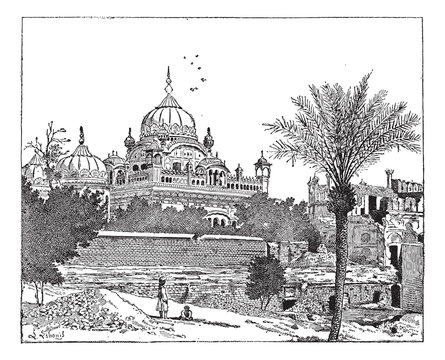 Mausoleum of Ranjit Singh, Lahore, Pakistan, vintage engraving.