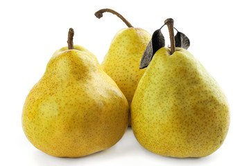 Three  ripe  and juicy pears on a white background