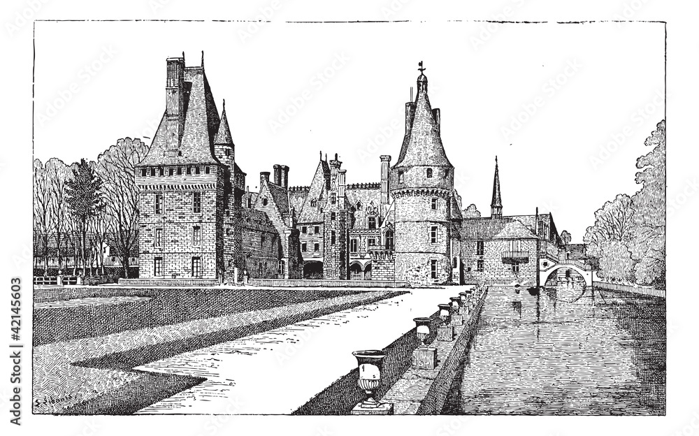 Sticker maintenon castle in centre, france, vintage engraving