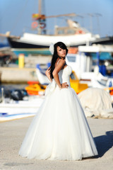 Bride on a Santorini port in Greece